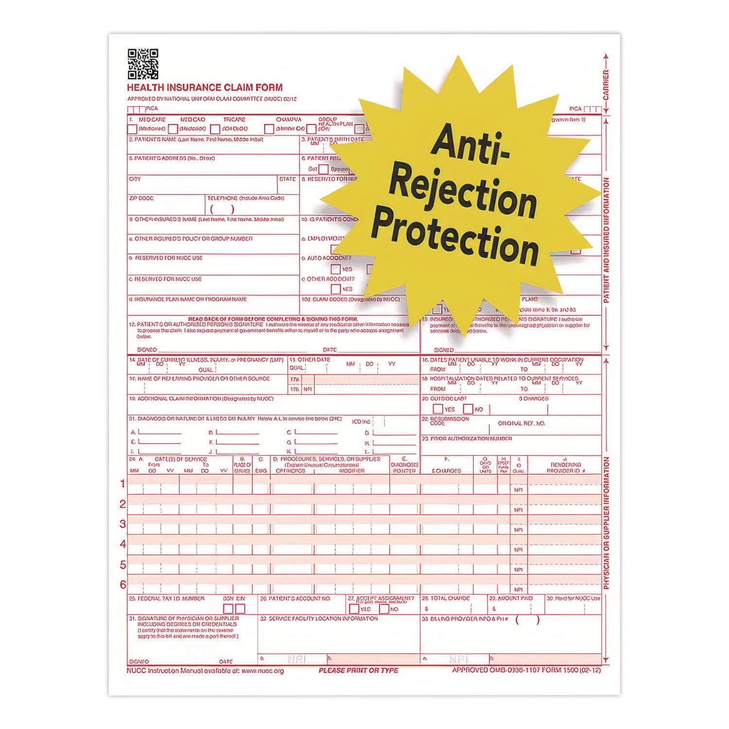 CMS-1500 Health Insurance Claim Form, One-Part (No Copies), 8.5 x 11, 1,000 Forms Total