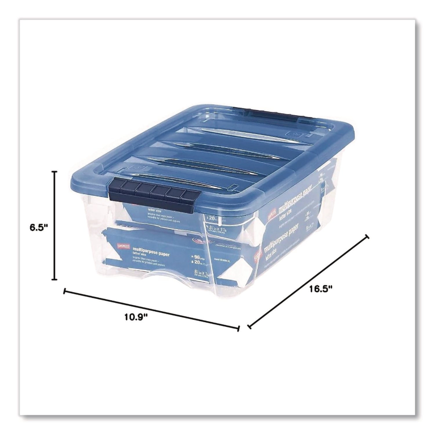 Stack and Pull Latching Flat Lid Storage Box, 3.23 gal, 10.9" x 16.5" x 6.5", Clear/Translucent Blue