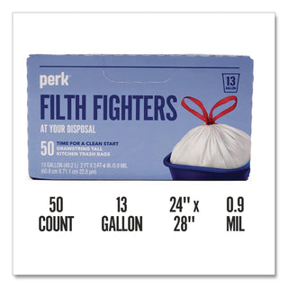Drawstring Tall Kitchen Trash Bags, 13 gal, 0.9 mil, 28" x 24", White, 50/Box
