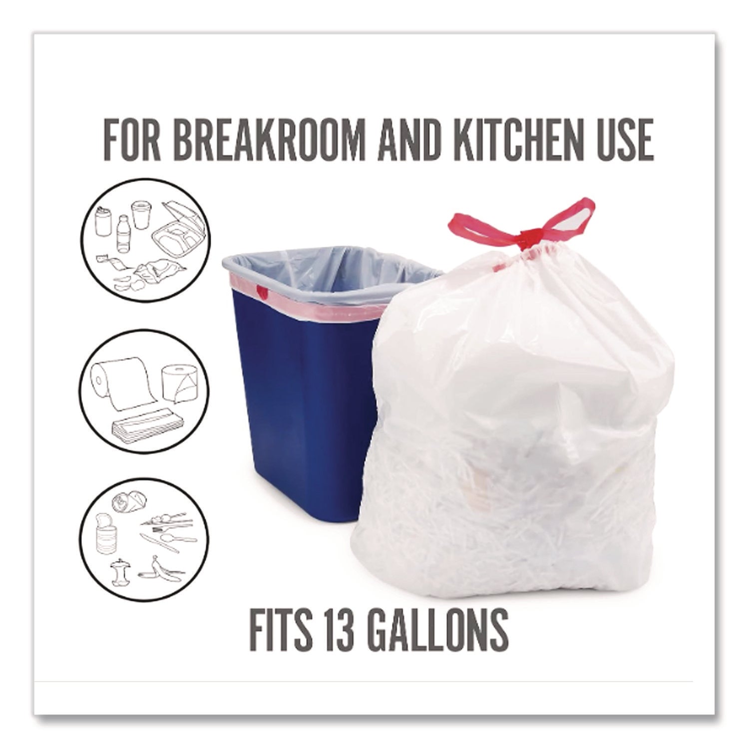 Drawstring Tall Kitchen Trash Bags, 13 gal, 0.9 mil, 28" x 24", White, 50/Box