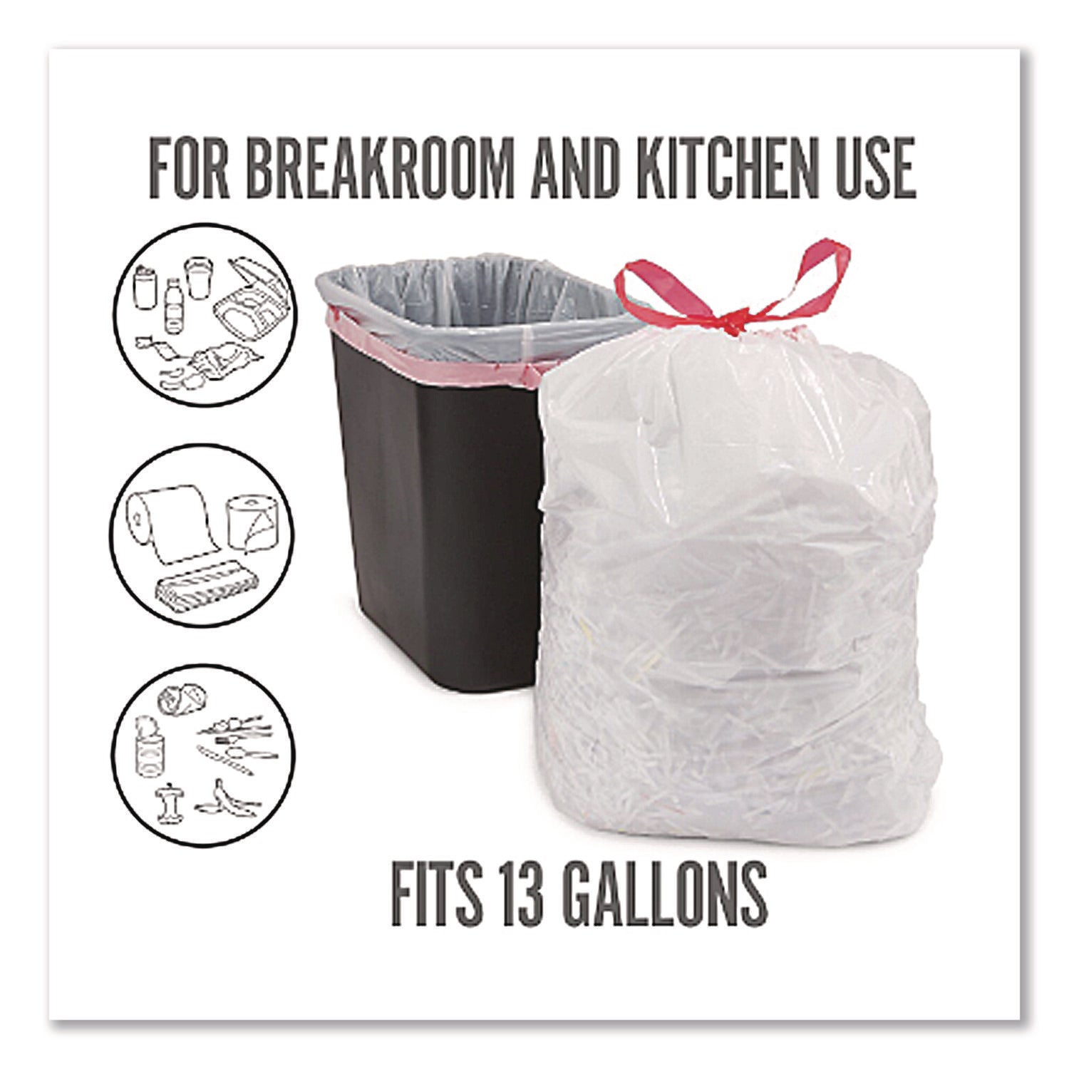 Drawstring Tall Kitchen Trash Bags, 13 gal, 0.9 mil, 28" x 24", White, 50/Box