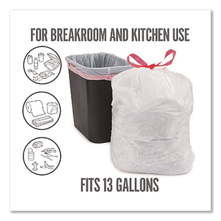 Drawstring Tall Kitchen Trash Bags, 13 gal, 0.9 mil, 28" x 24", White, 50/Box