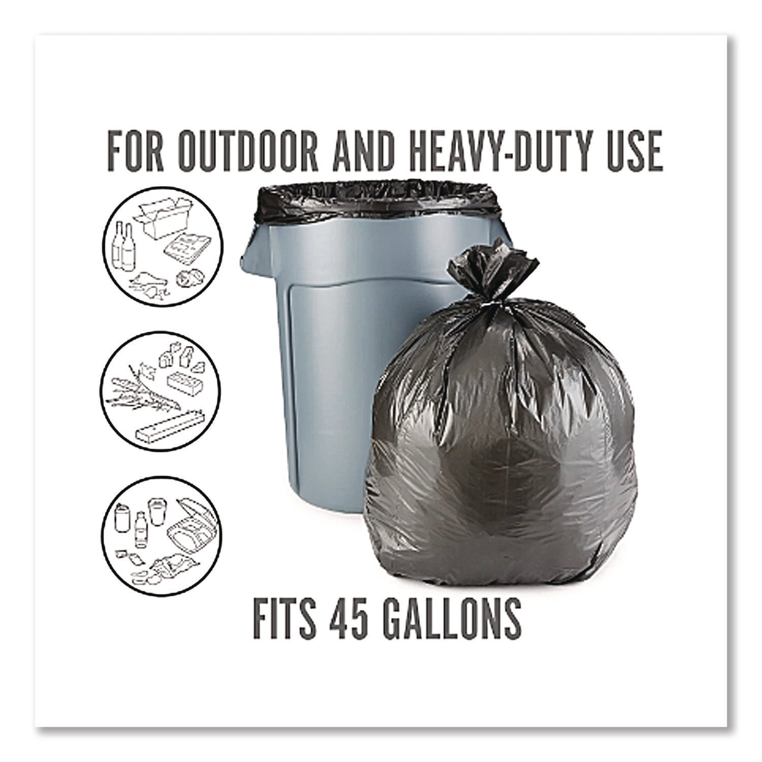 Twist-Tie Heavy-Duty Trash Bags, 45 gal, 1.1 mil, 45" x 38", Black, 25/Box