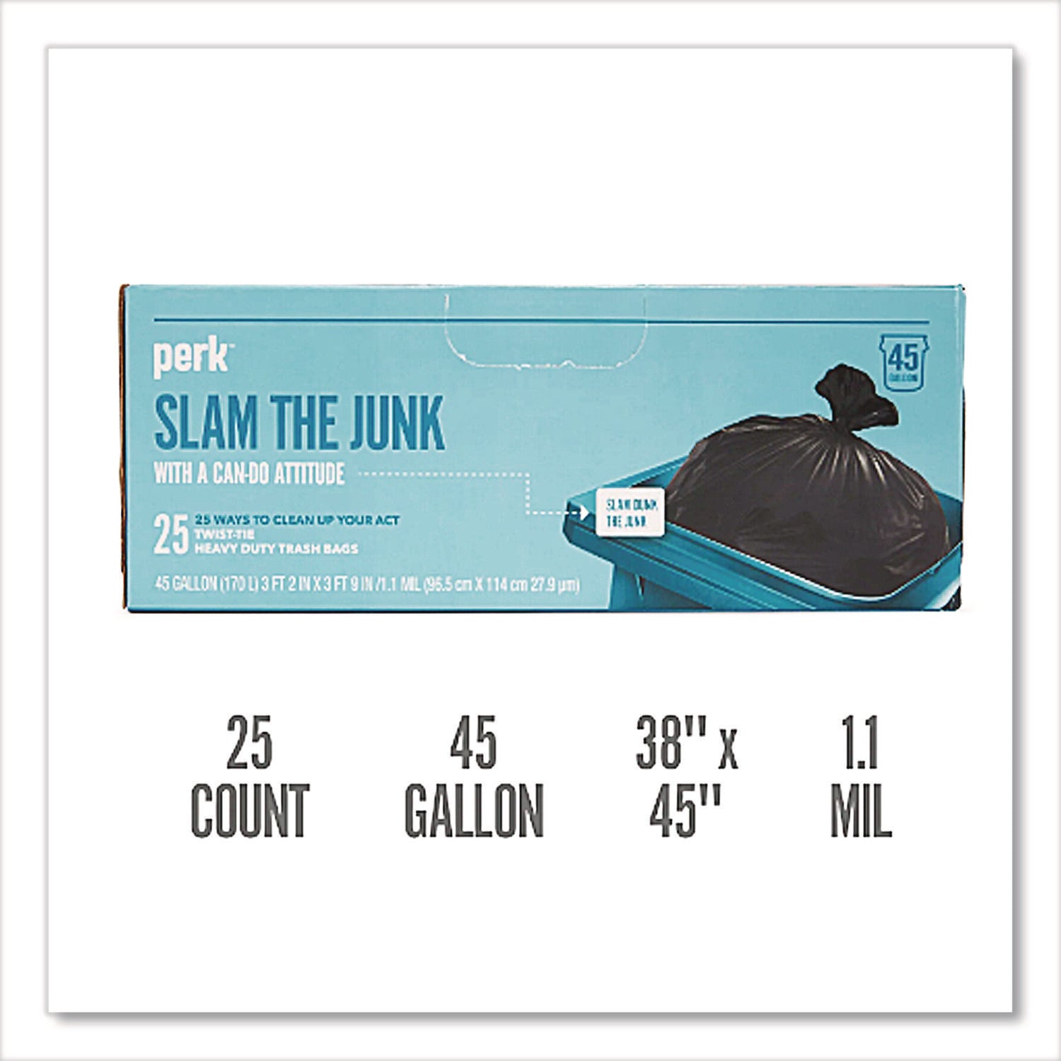 Twist-Tie Heavy-Duty Trash Bags, 45 gal, 1.1 mil, 45" x 38", Black, 25/Box