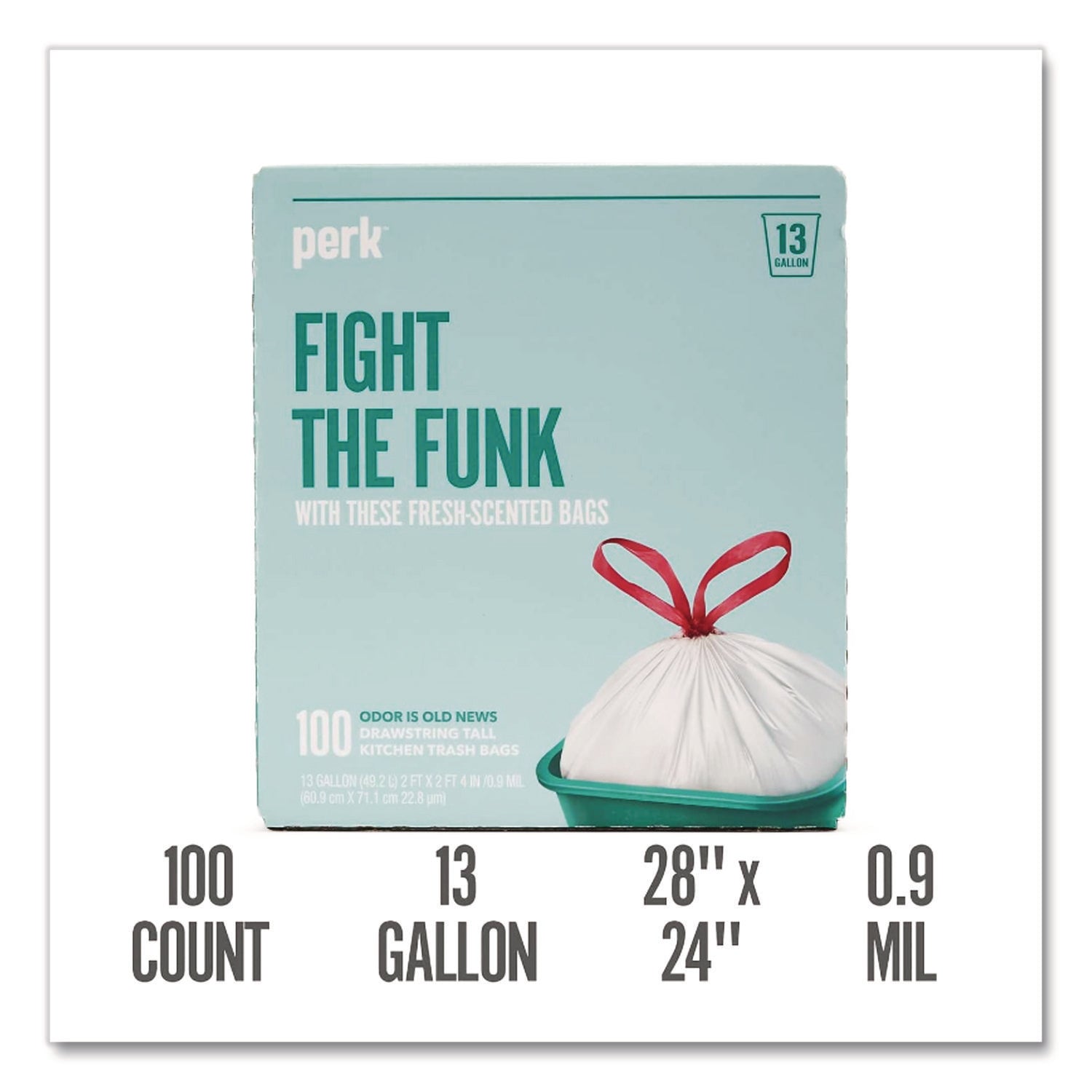 Scented Drawstring Tall Kitchen Trash Bags, 13 gal, 0.9 mil, 28" x 24", White, 100/Box