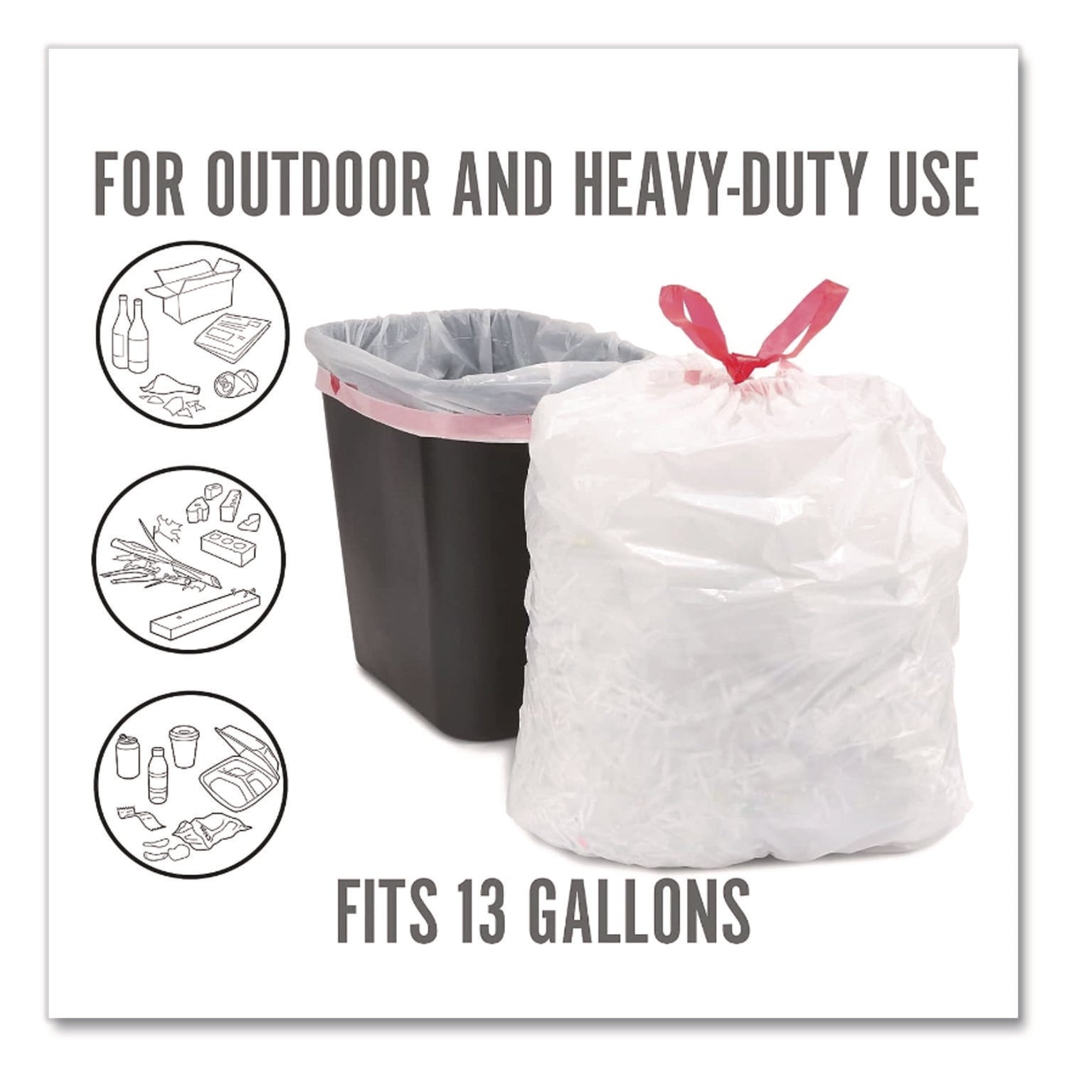 Scented Drawstring Tall Kitchen Trash Bags, 13 gal, 0.9 mil, 28" x 24", White, 100/Box