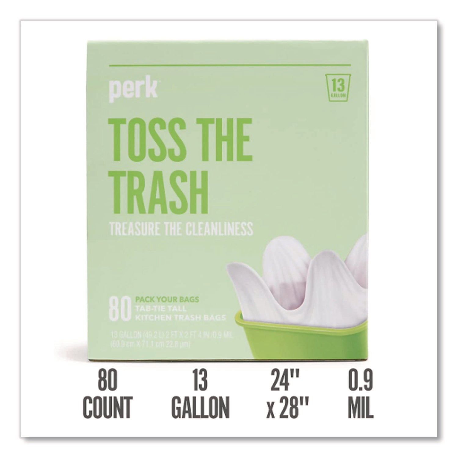 Tab-Tie Tall Kitchen Trash Bags, 13 gal, 0.9 mil, 28" x 24", White, 80/Box
