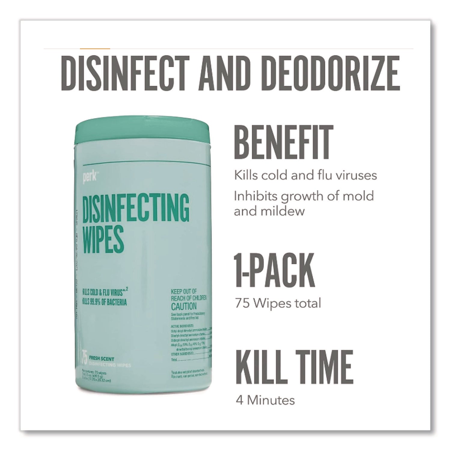 Disinfecting Wipes, 7 x 8, Fresh, White, 75 Wipes/Canister