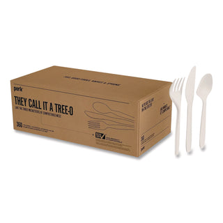 Eco-ID Mediumweight Compostable Cutlery, Fork/Knife/Teaspoon, White, 120 Sets/Pack