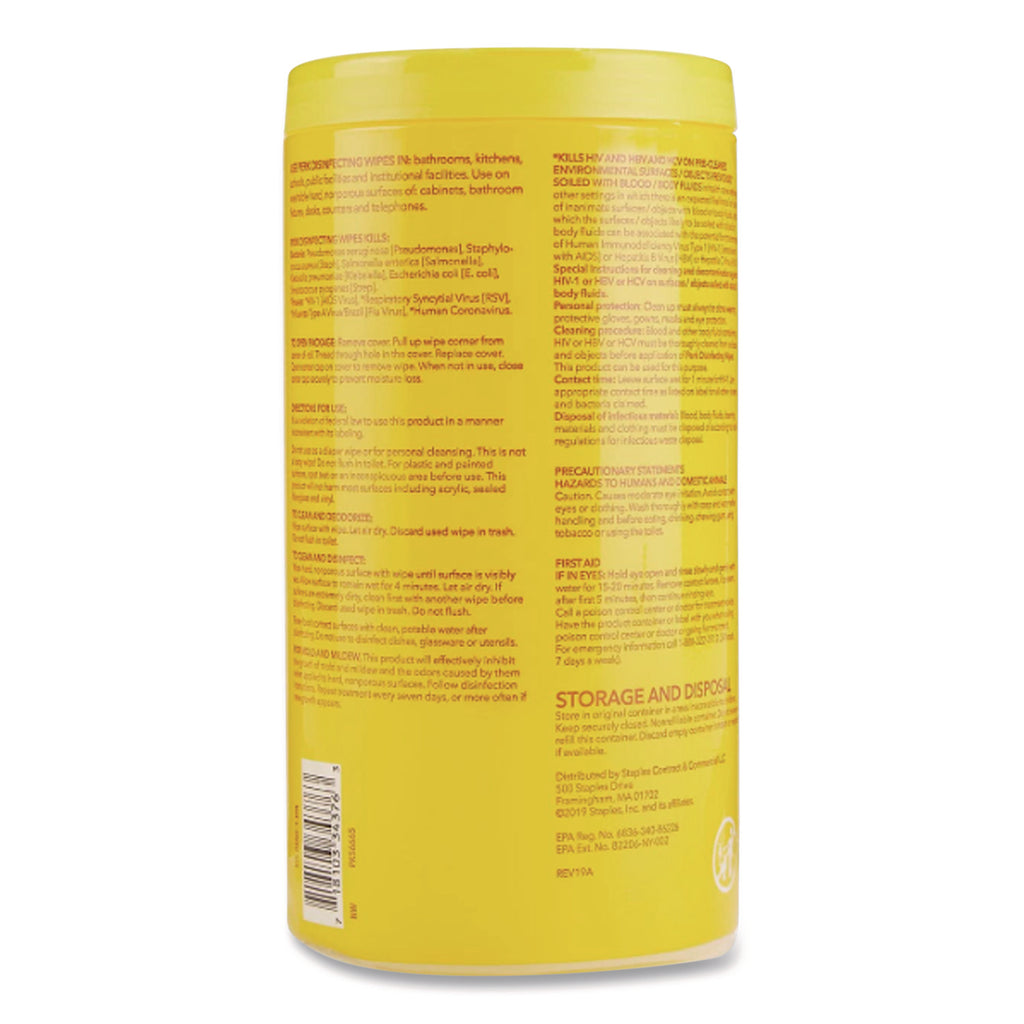 Disinfecting Wipes, 7 x 8, Lemon, White, 75 Wipes/Canister, 6 Canisters/Carton