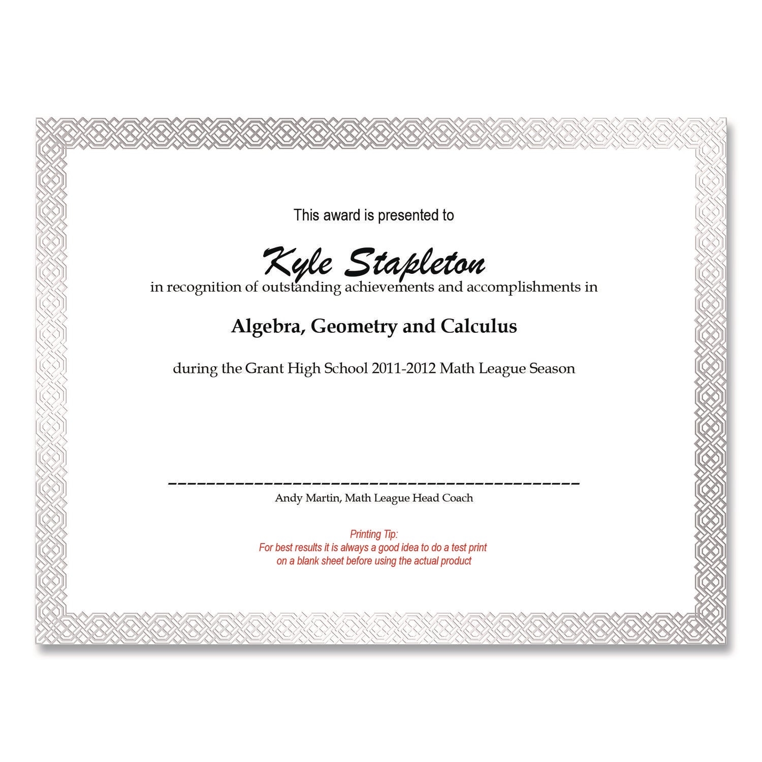 Foil Border Certificates, 8.5 x 11, White/Silver with Braided Silver Border,15/Pack