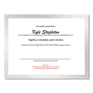 Foil Border Certificates, 8.5 x 11, Ivory/Silver, Braided with Silver Border, 15/Pack