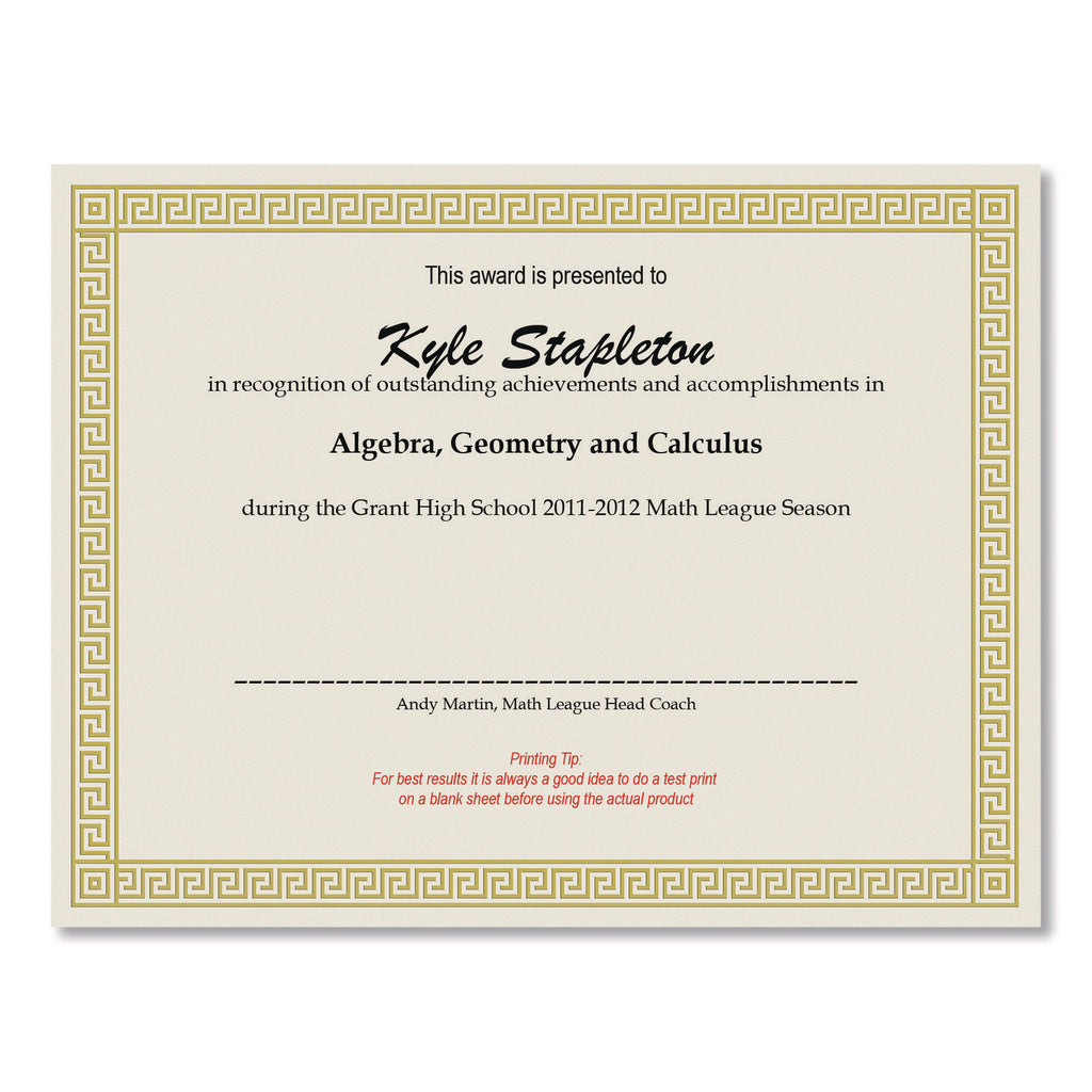 Foil Border Certificates, 8.5 x 11, Ivory/Gold with Channel Gold Border, 12/Pack