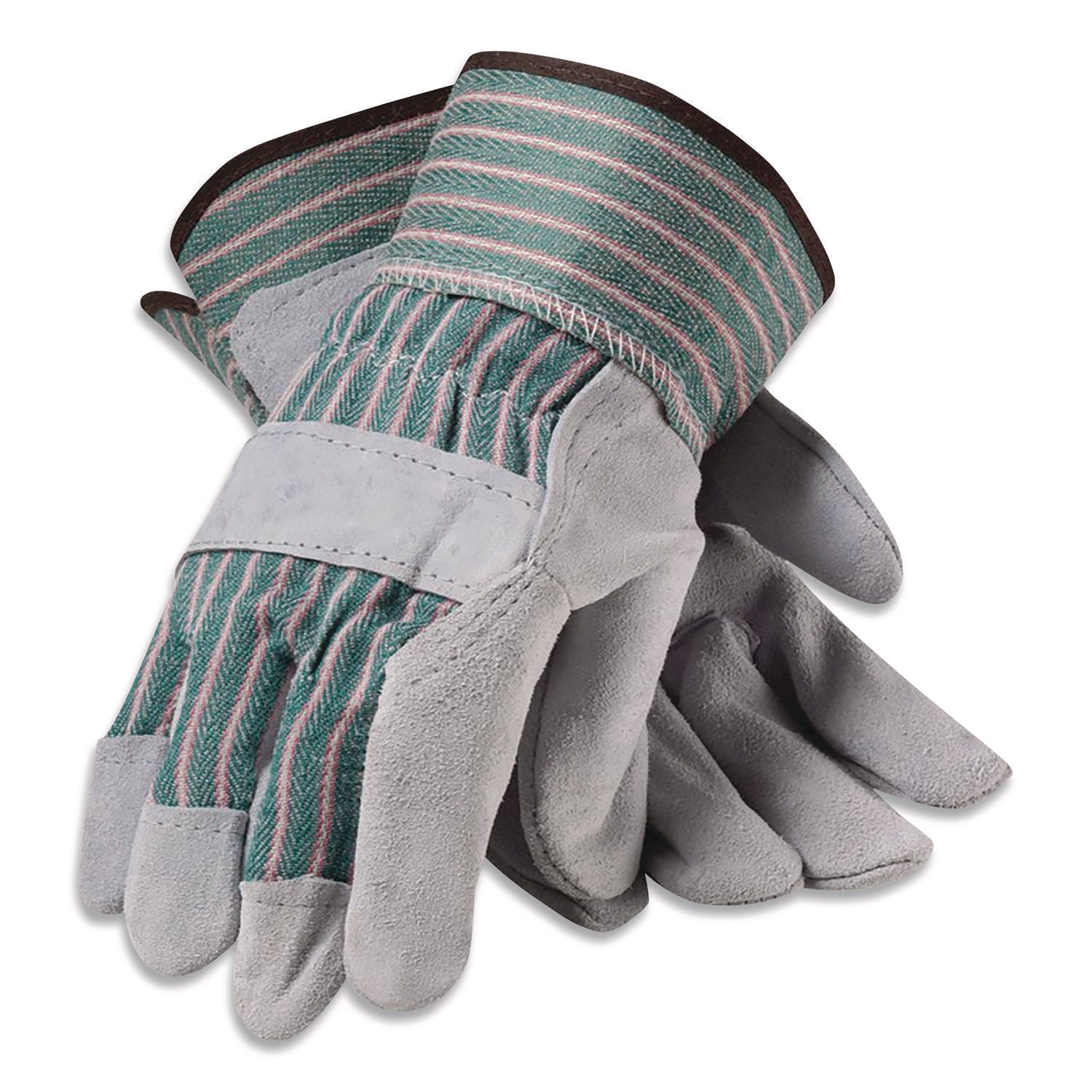 Bronze Series Leather/Fabric Work Gloves, Medium (Size 8), Gray/Green, 12 Pairs