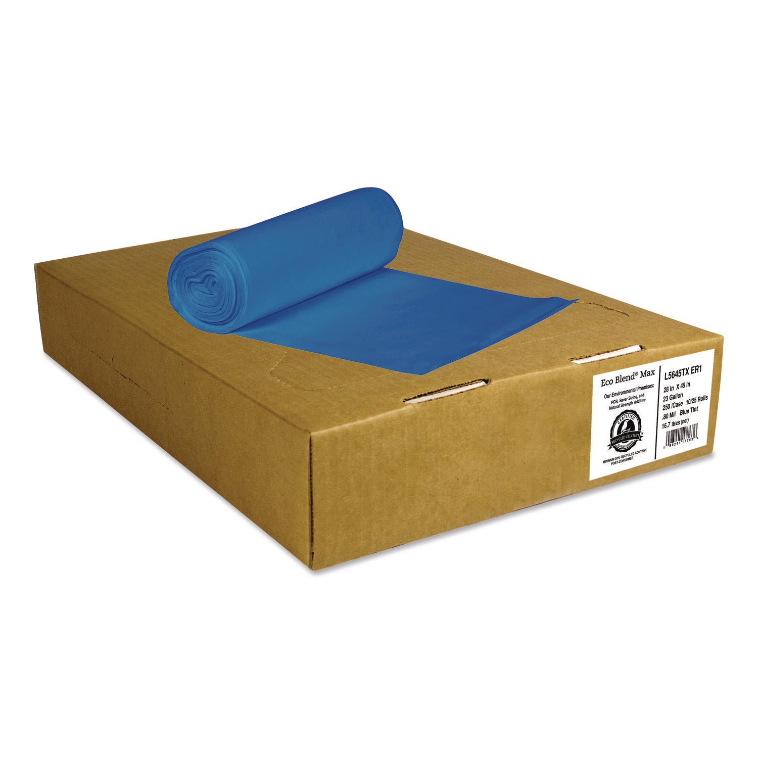 Eco Blend Max Can Liners, 60 gal, 0.8 mil, 38" x 58", Blue, 20 Bags/Roll, 5 Rolls/Carton