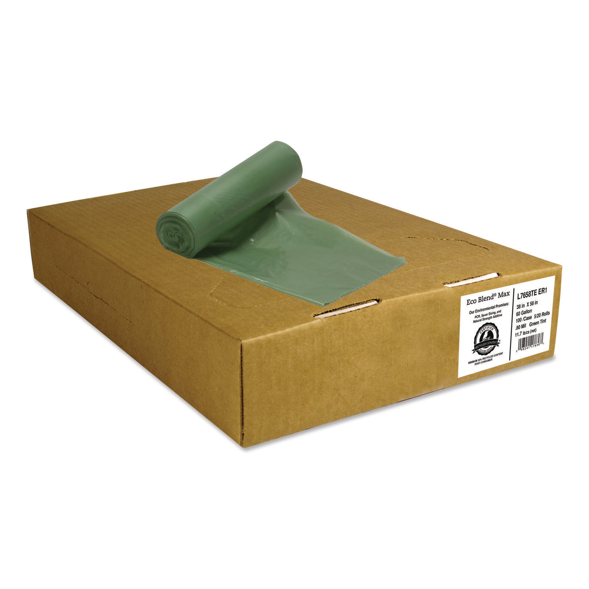 Eco Blend Max Can Liners, 60 gal, 0.8 Mil, 38" x 58", Green, 20 Bags/Roll, 5 Rolls/Carton