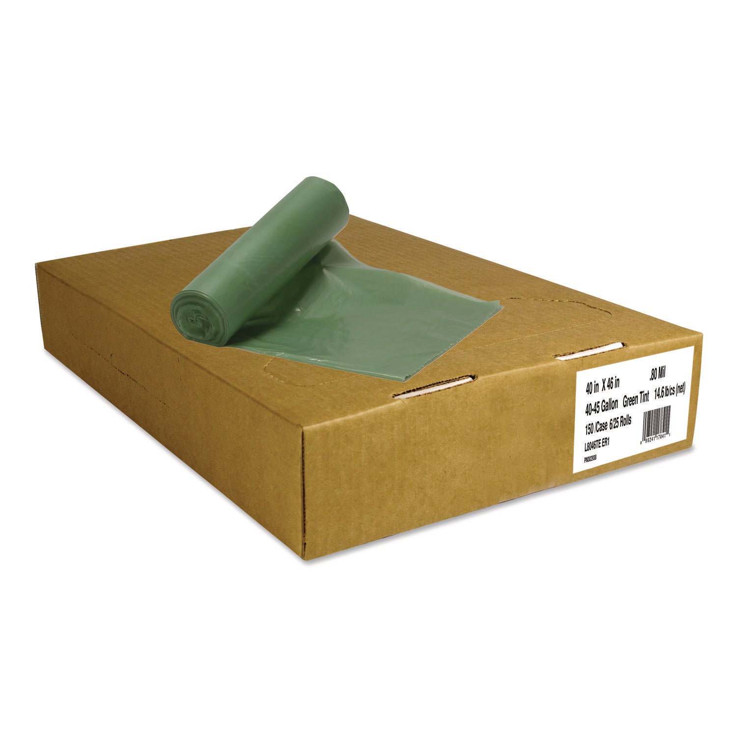 Eco Blend Max Can Liners, 40 to 45 gal, 0.8 mil, 40" x 46", Green, 25 Bags/Roll, 6 Rolls/Carton