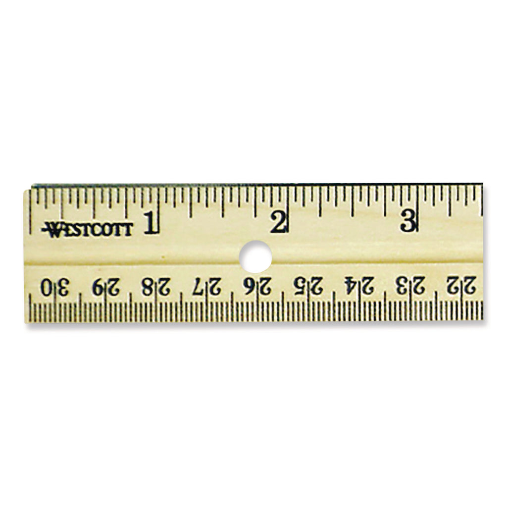 Three-Hole Punched Wood Ruler, Standard/Metric, 12" (30 cm) Long, Natural Wood, 36/Box