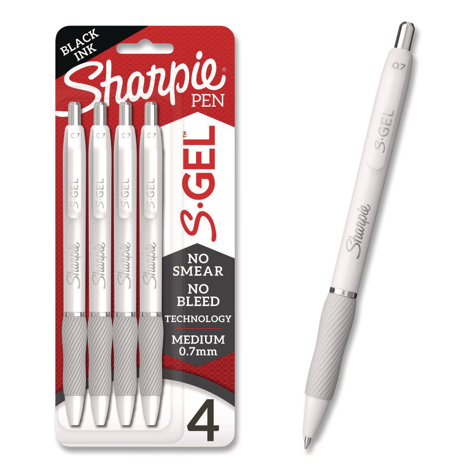 S-Gel Fashion Barrel Gel Pen, Retractable, Medium 0.7 mm, Black Ink, Pearl White Barrel, 4/Pack