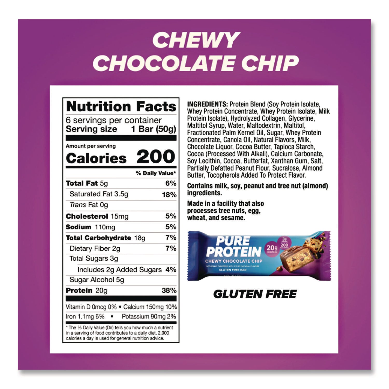 Pure Protein Bar, Chewy Chocolate Chip, 1.76 oz Bar, 6/Box
