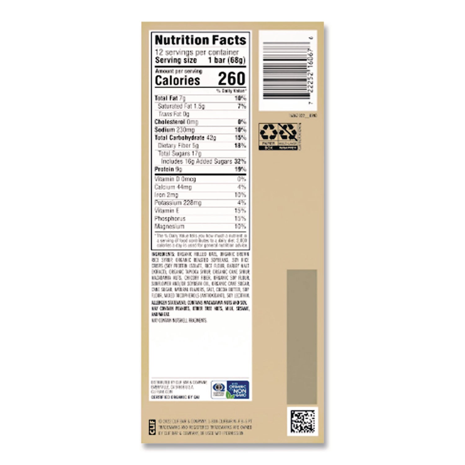 Energy Bar, White Chocolate Macadamia Nut, 2.4 oz Bar, 12 Bars/Box