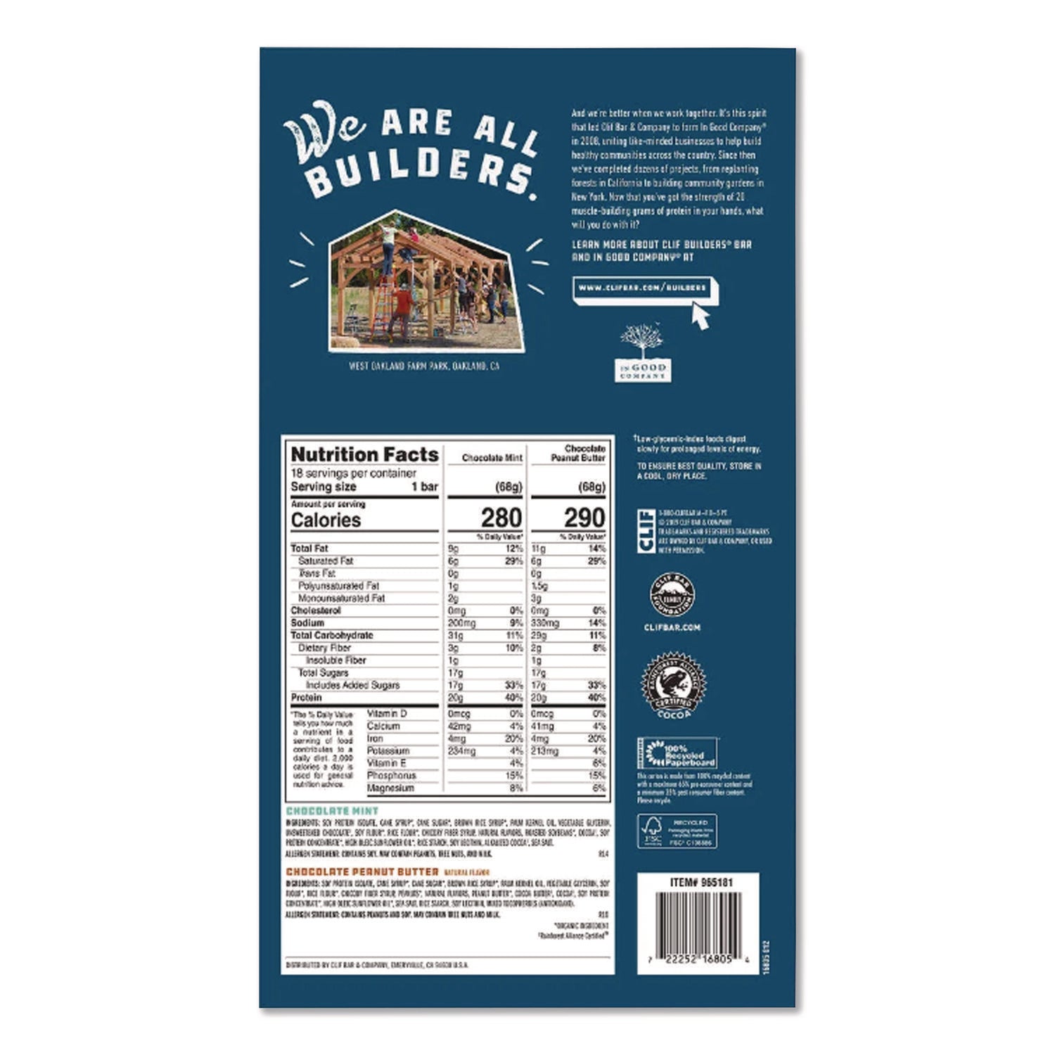 Builders Protein Bar, Chocolate Mint/Chocolate Peanut Butter, 2.4 oz Bar, 18 Bars/Box, Ships in 1-3 Business Days