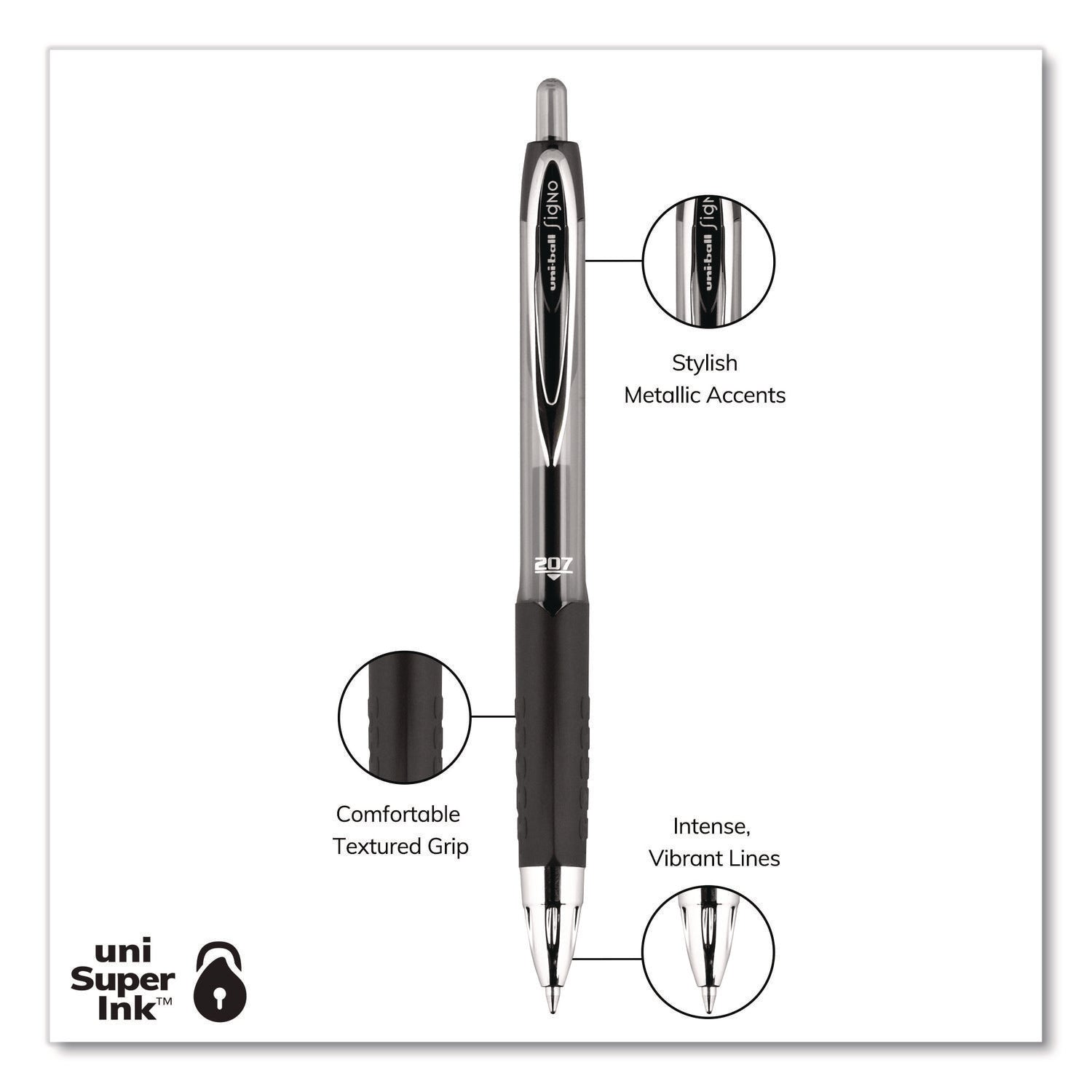 Signo 207 Gel Pen, Retractable, Medium 0.7 mm, Black Ink, Smoke/Black Barrel, Dozen