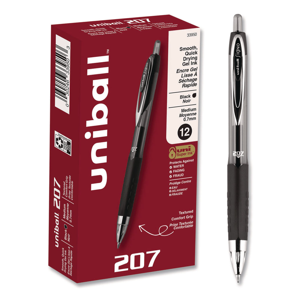 Signo 207 Gel Pen, Retractable, Medium 0.7 mm, Black Ink, Smoke/Black Barrel, Dozen
