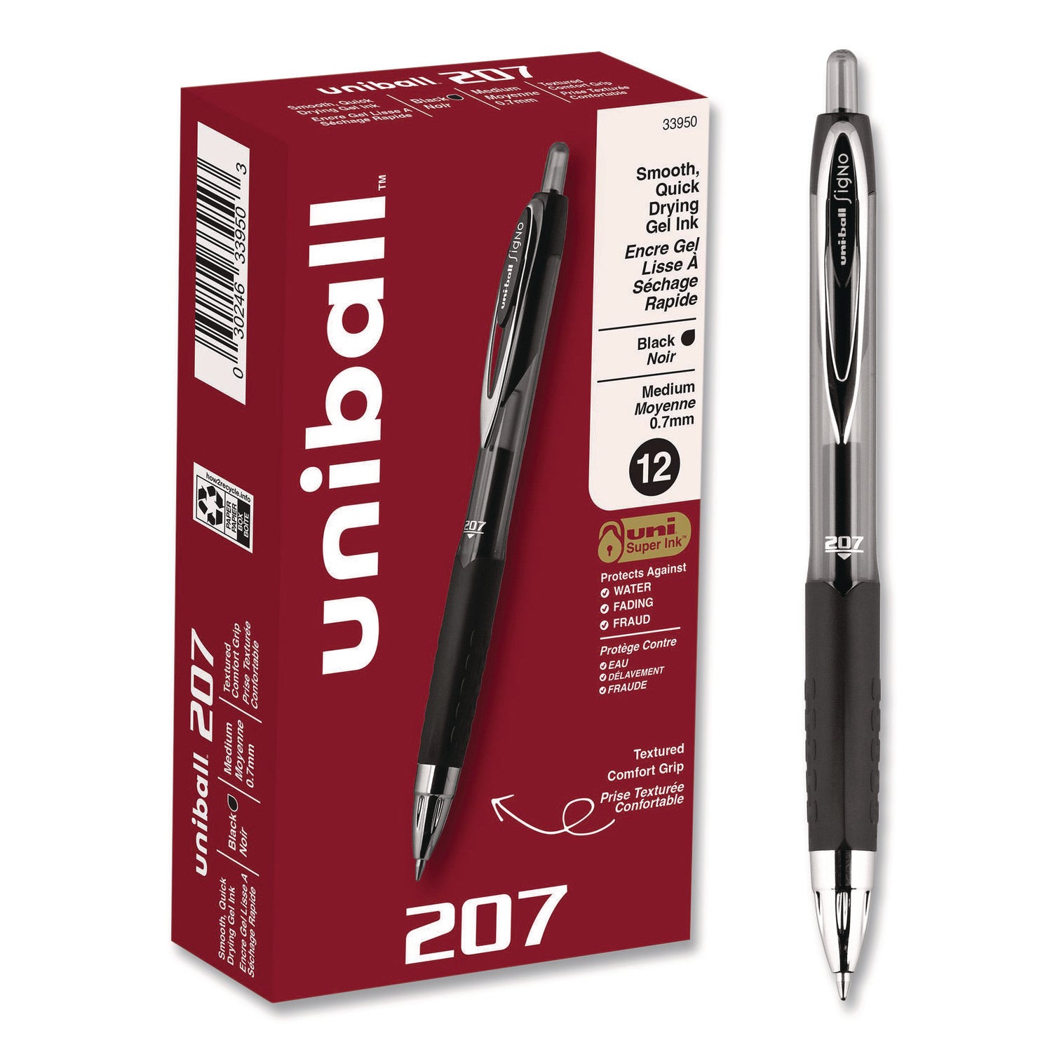 Signo 207 Gel Pen, Retractable, Medium 0.7 mm, Black Ink, Smoke/Black Barrel, Dozen
