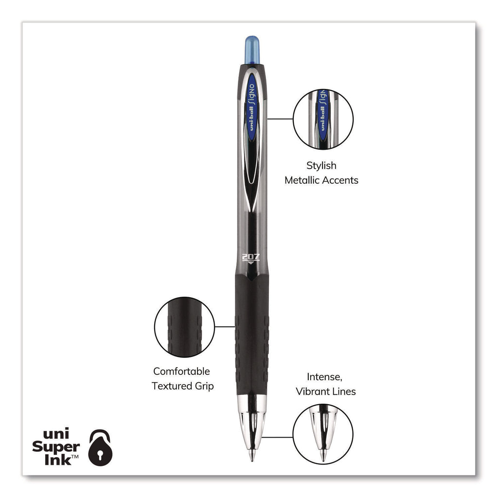 Signo 207 Gel Pen, Retractable, Medium 0.7 mm, Blue Ink, Smoke/Black/Blue Barrel, Dozen