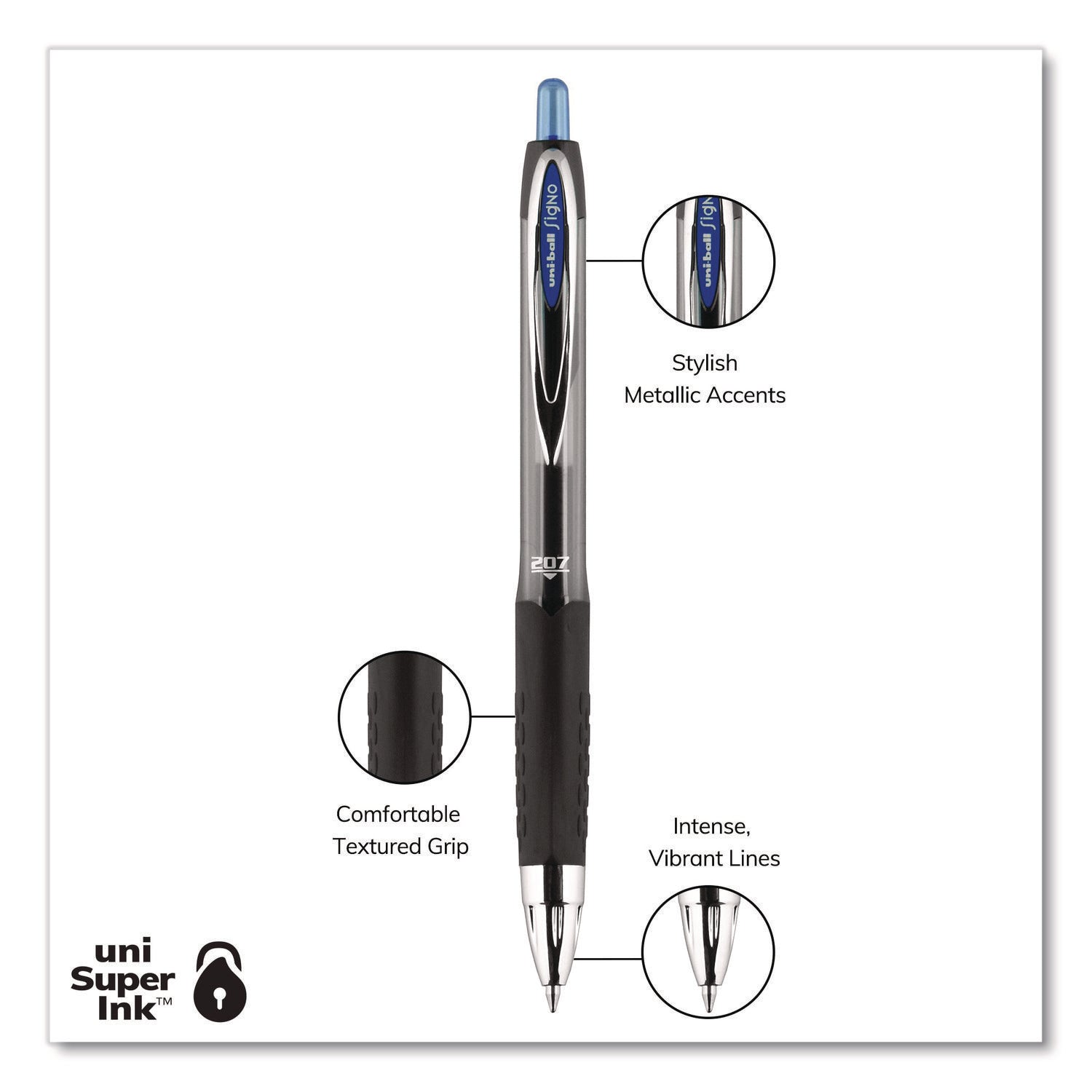 Signo 207 Gel Pen, Retractable, Medium 0.7 mm, Blue Ink, Smoke/Black/Blue Barrel, Dozen