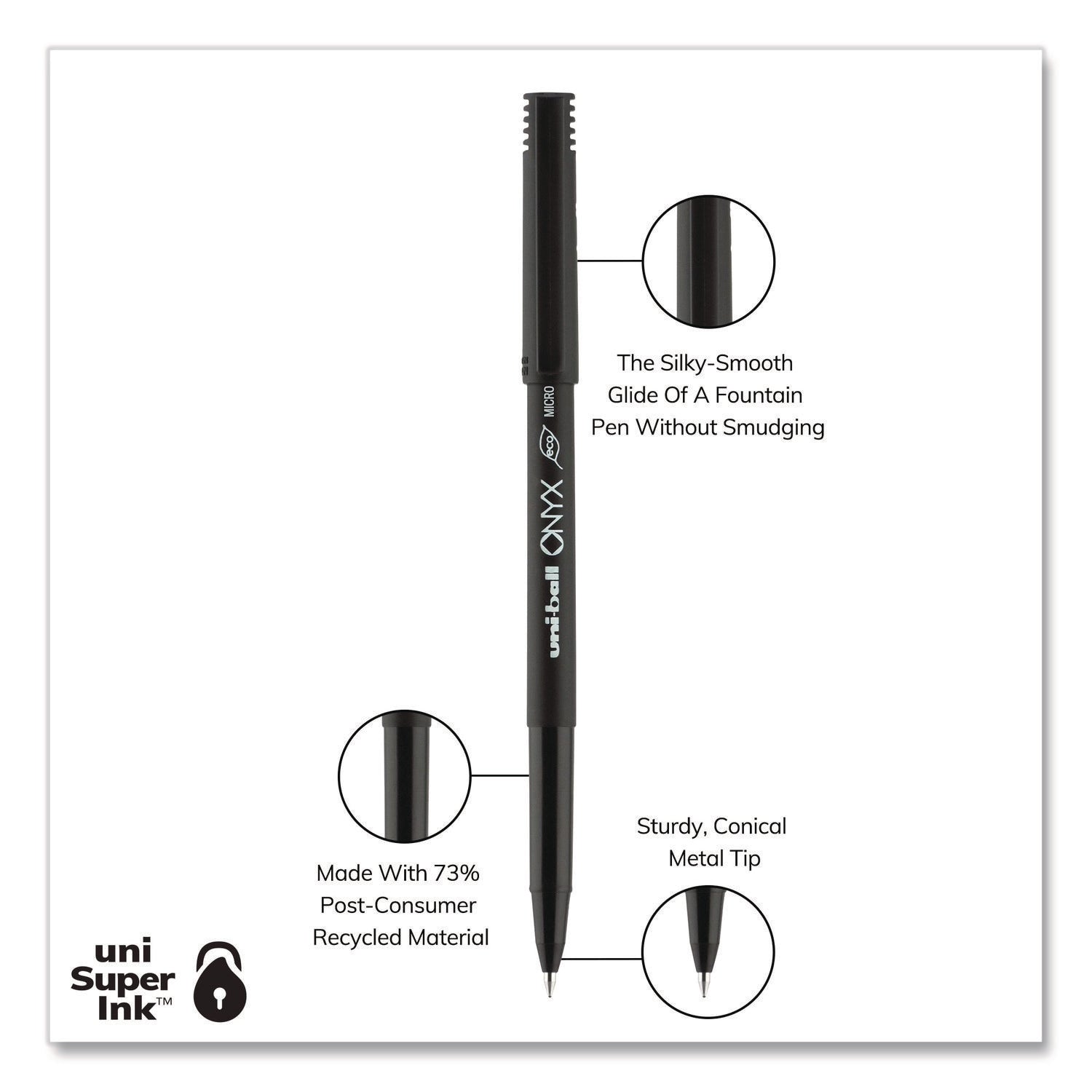 ONYX Roller Ball Pen, Stick, Extra-Fine 0.5 mm, Black Ink, Black Barrel, Dozen