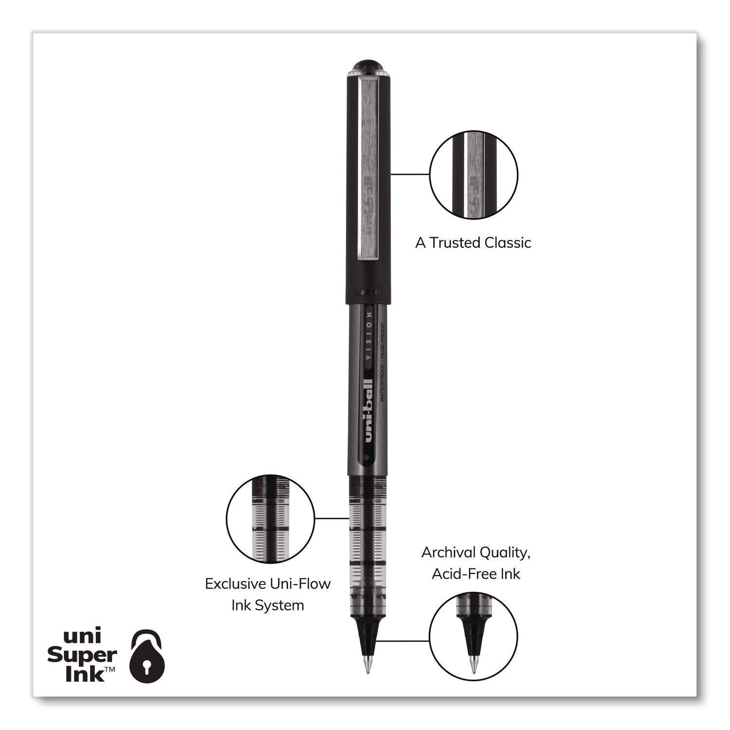 VISION Roller Ball Pen, Stick, Extra-Fine 0.5 mm, Black Ink, Gray/Black/Clear Barrel, Dozen