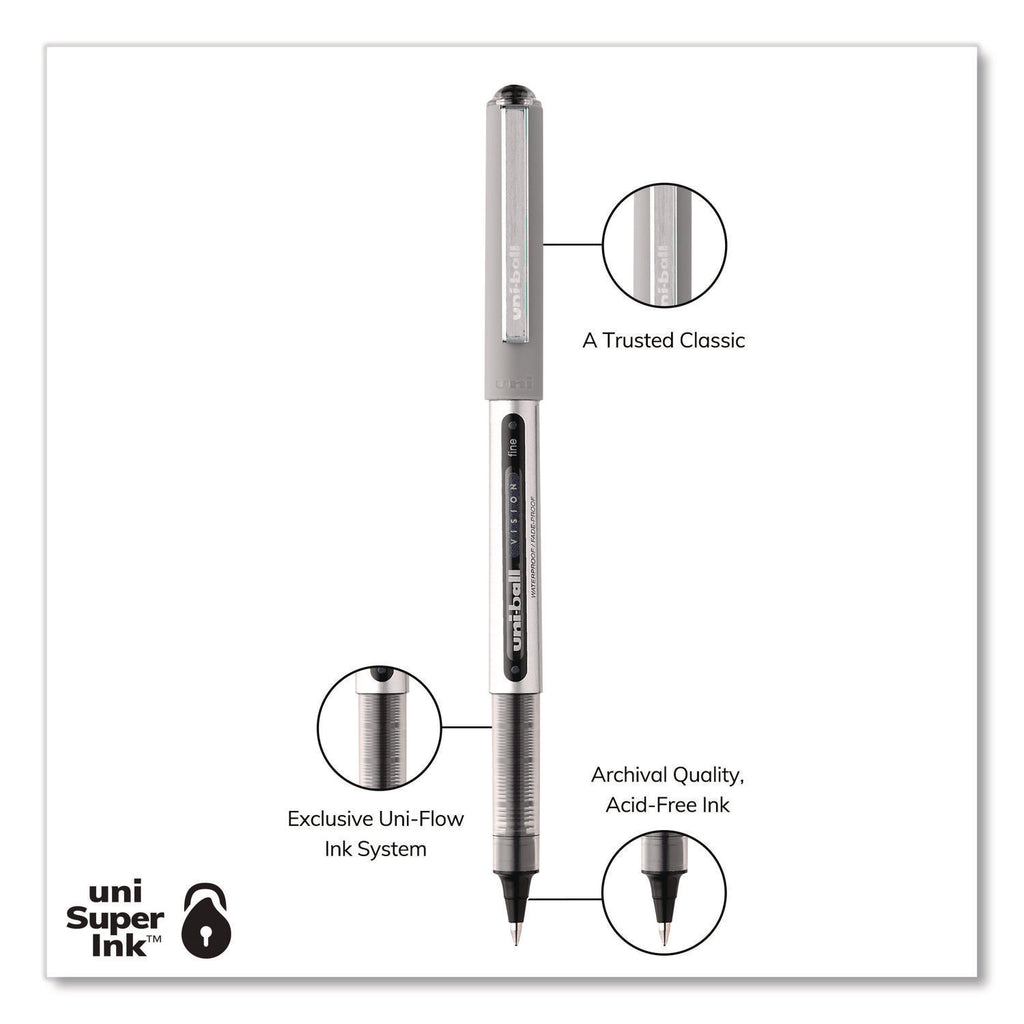 VISION Roller Ball Pen, Stick, Fine 0.7 mm, Black Ink, Silver/Black/Clear Barrel, Dozen