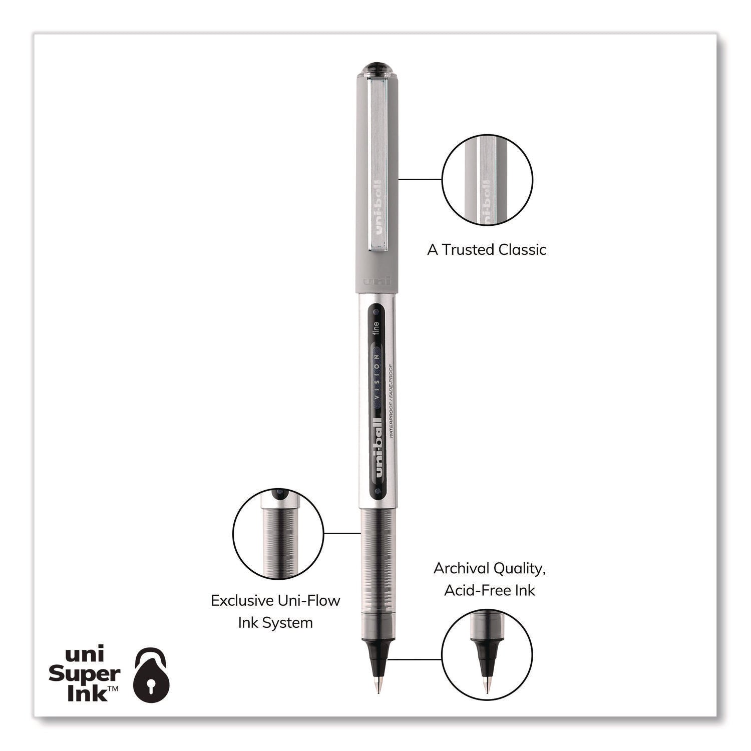 VISION Roller Ball Pen, Stick, Fine 0.7 mm, Black Ink, Silver/Black/Clear Barrel, Dozen