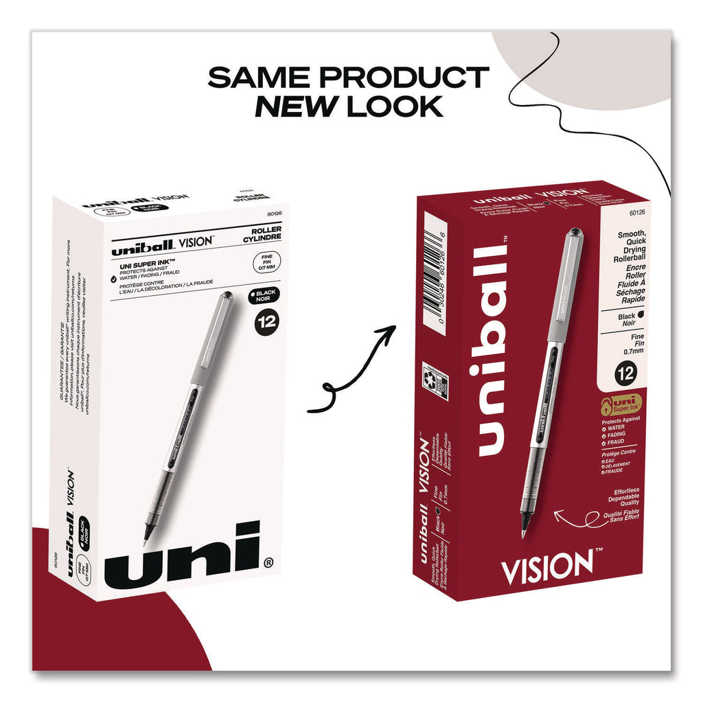 VISION Roller Ball Pen, Stick, Fine 0.7 mm, Black Ink, Silver/Black/Clear Barrel, Dozen
