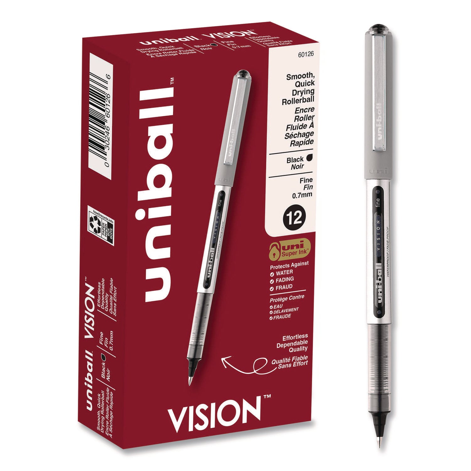 VISION Roller Ball Pen, Stick, Fine 0.7 mm, Black Ink, Silver/Black/Clear Barrel, Dozen