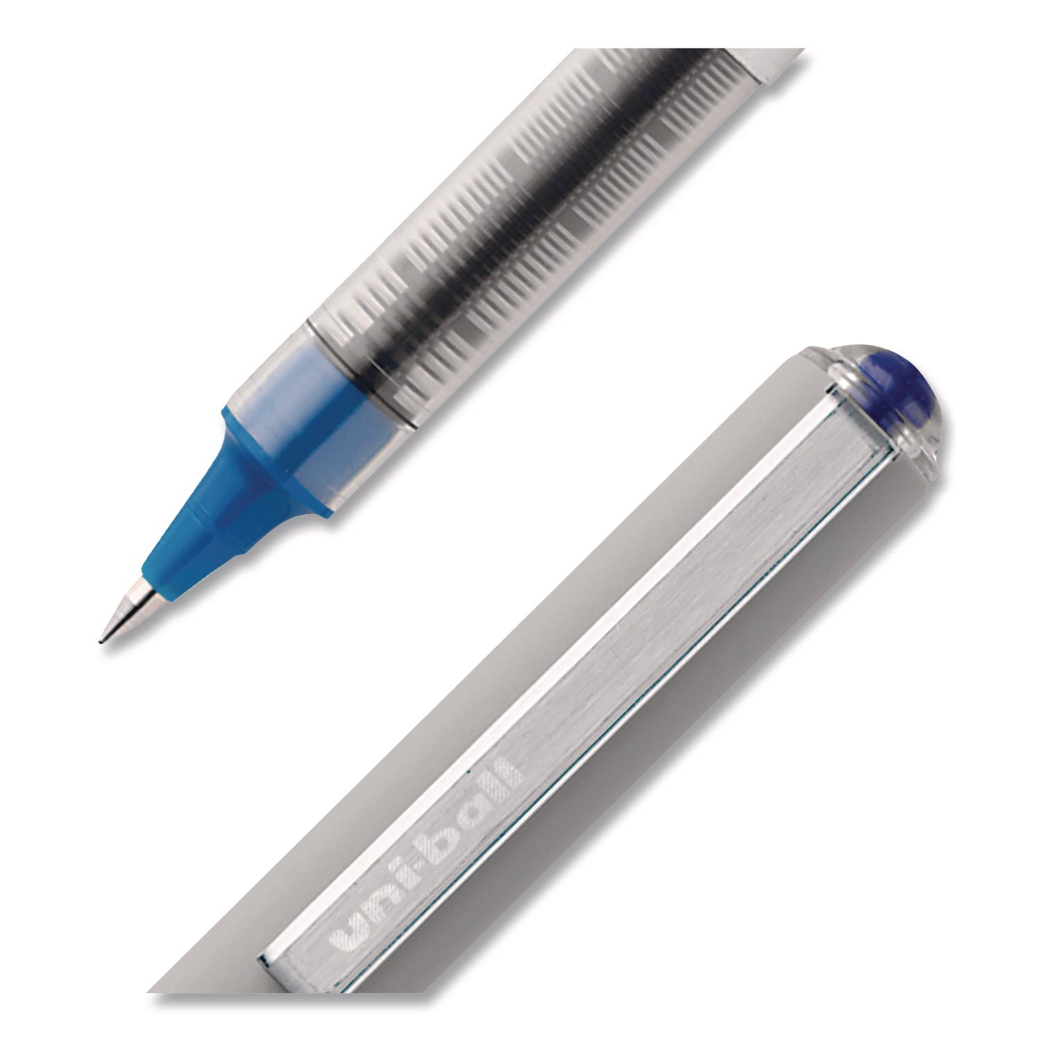 VISION Roller Ball Pen, Stick, Fine 0.7 mm, Blue Ink, Silver/Blue/Clear Barrel, Dozen