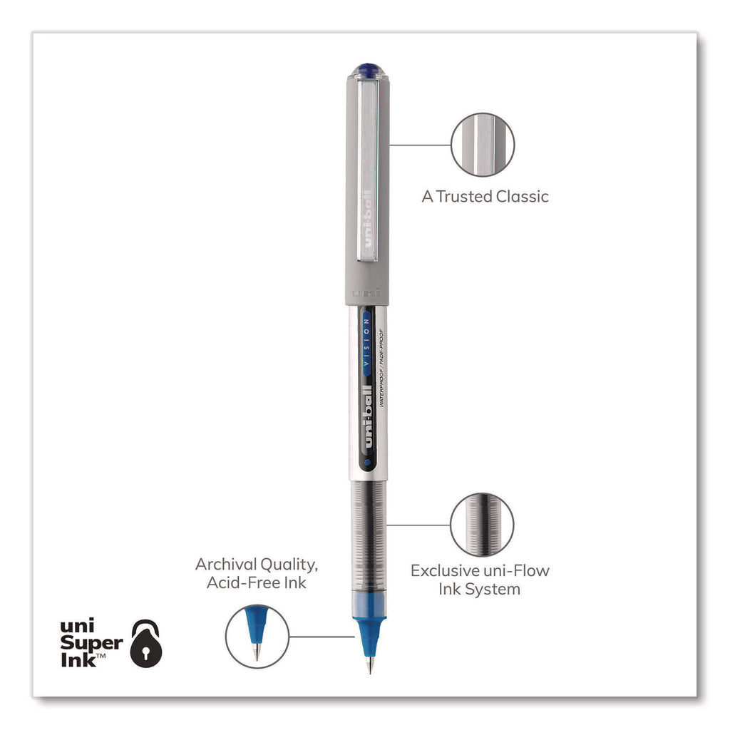 VISION Roller Ball Pen, Stick, Fine 0.7 mm, Blue Ink, Silver/Blue/Clear Barrel, Dozen