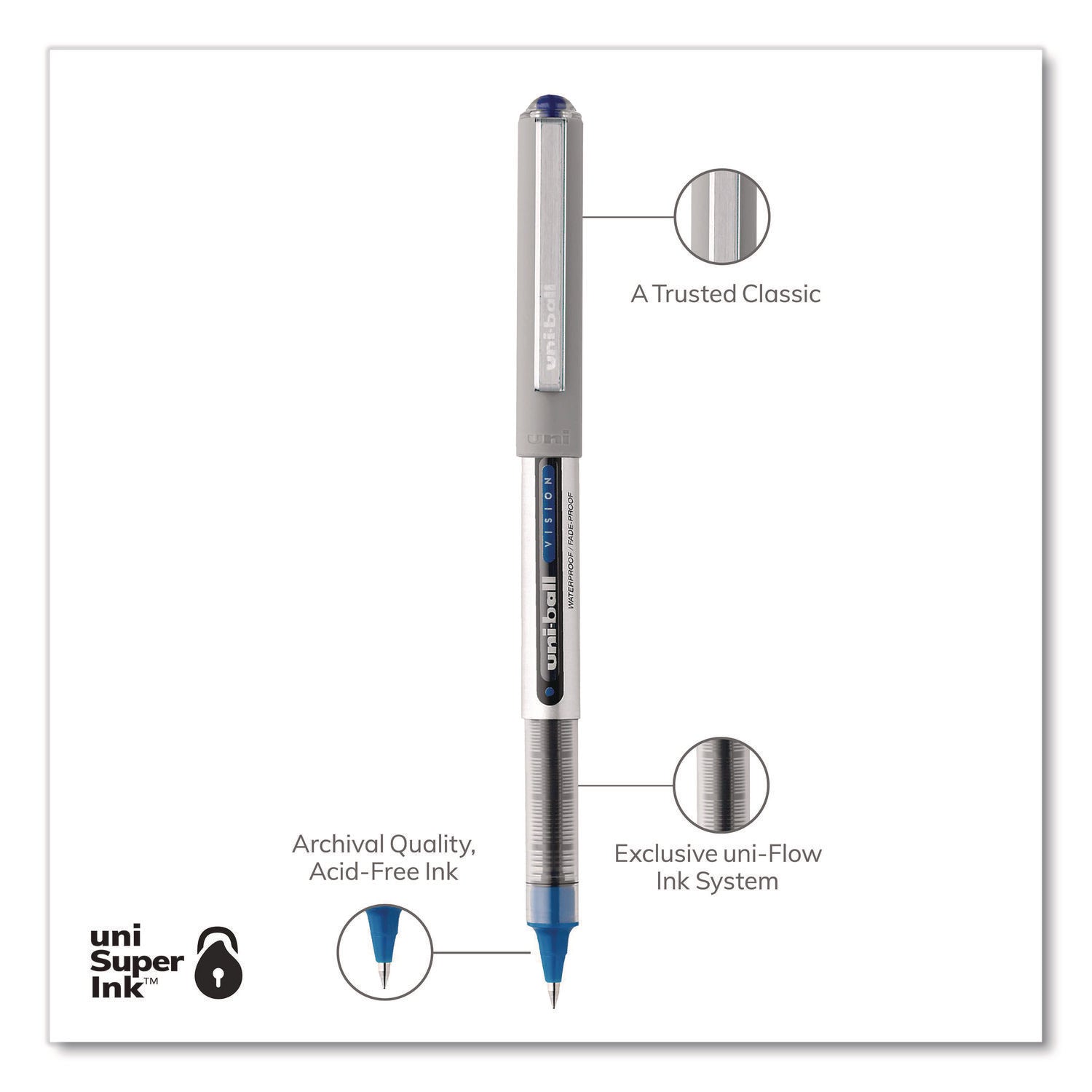 VISION Roller Ball Pen, Stick, Fine 0.7 mm, Blue Ink, Silver/Blue/Clear Barrel, Dozen