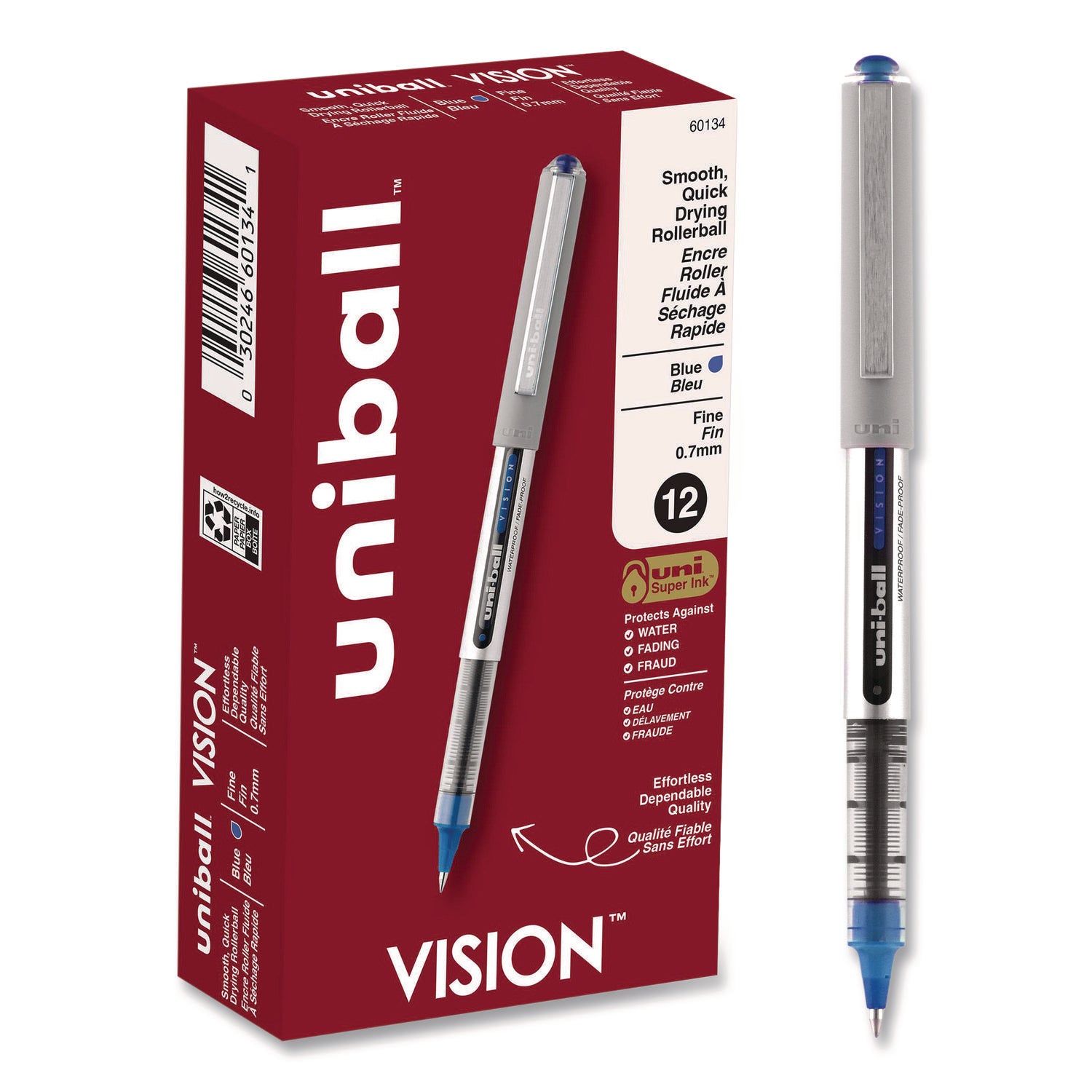 VISION Roller Ball Pen, Stick, Fine 0.7 mm, Blue Ink, Silver/Blue/Clear Barrel, Dozen