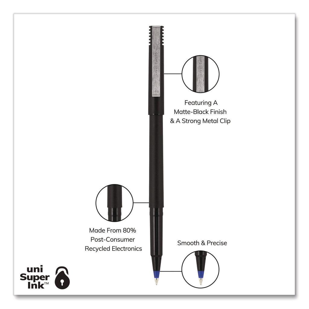 Roller Ball Pen, Stick, Extra-Fine 0.5 mm, Blue Ink, Black/Blue Barrel, Dozen