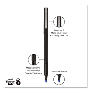 Roller Ball Pen, Stick, Extra-Fine 0.5 mm, Blue Ink, Black/Blue Barrel, Dozen