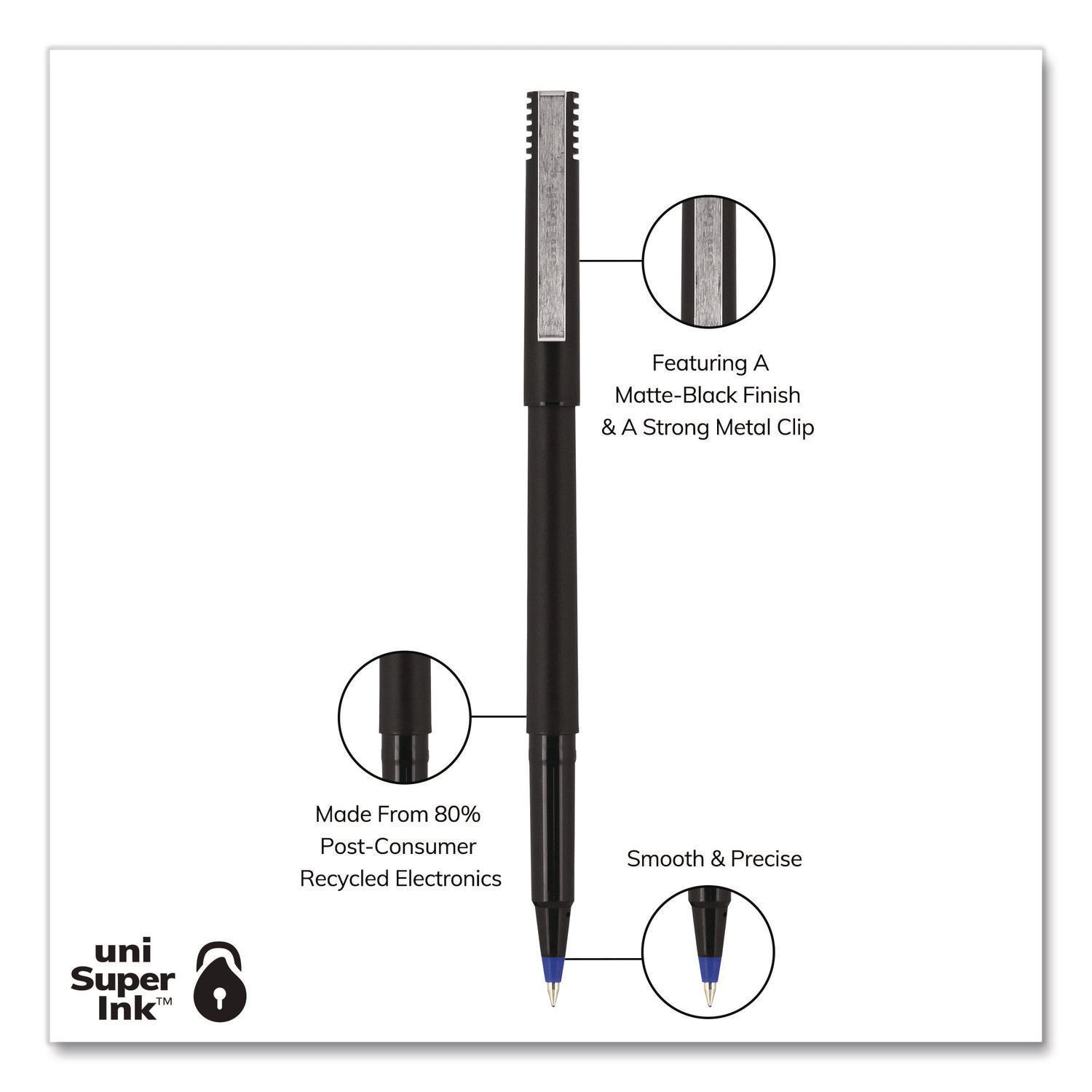 Roller Ball Pen, Stick, Extra-Fine 0.5 mm, Blue Ink, Black/Blue Barrel, Dozen