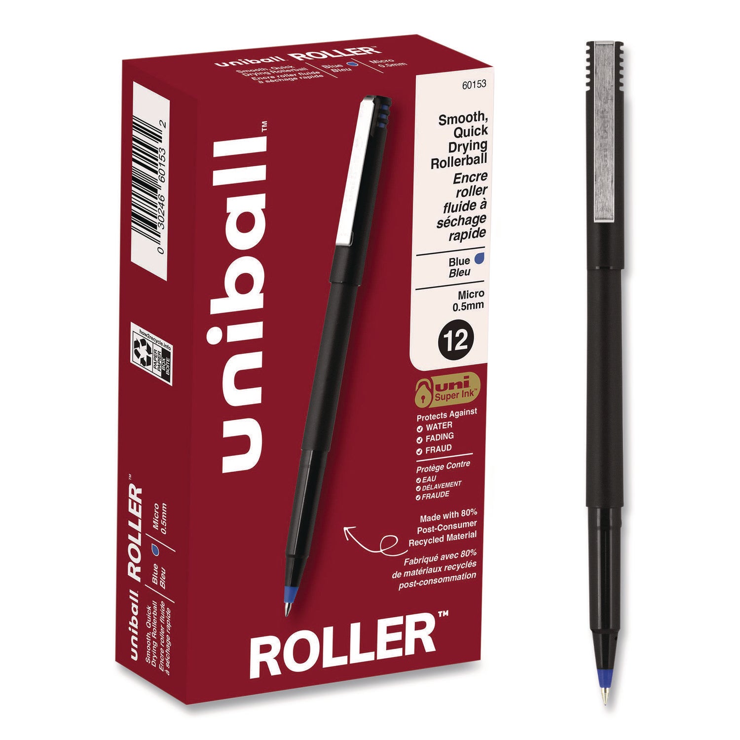 Roller Ball Pen, Stick, Extra-Fine 0.5 mm, Blue Ink, Black/Blue Barrel, Dozen