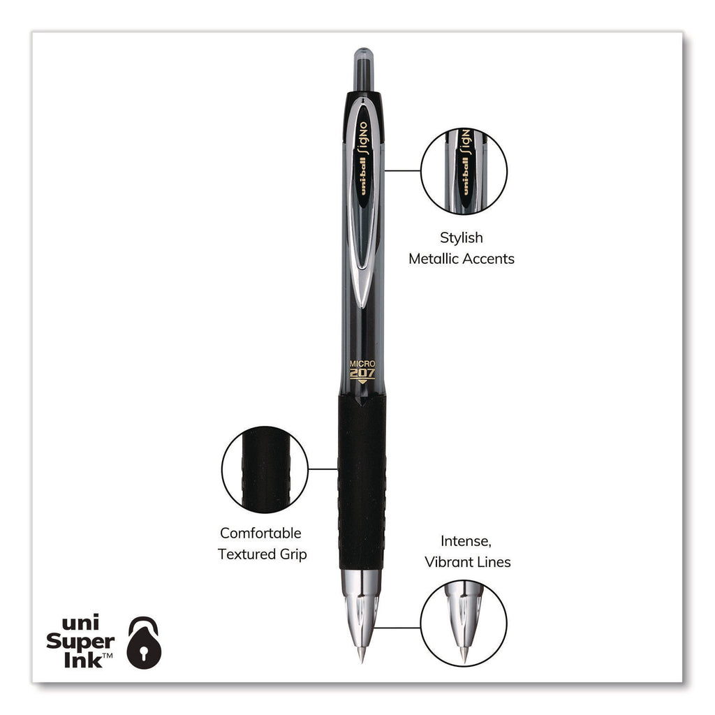 Signo 207 Gel Pen, Retractable, Fine 0.5 mm, Black Ink, Smoke/Black Barrel, Dozen