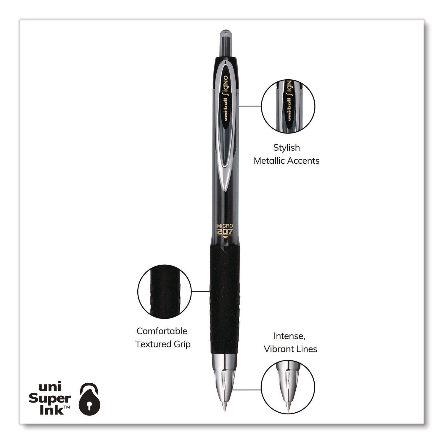 Signo 207 Gel Pen, Retractable, Fine 0.5 mm, Black Ink, Smoke/Black Barrel, Dozen