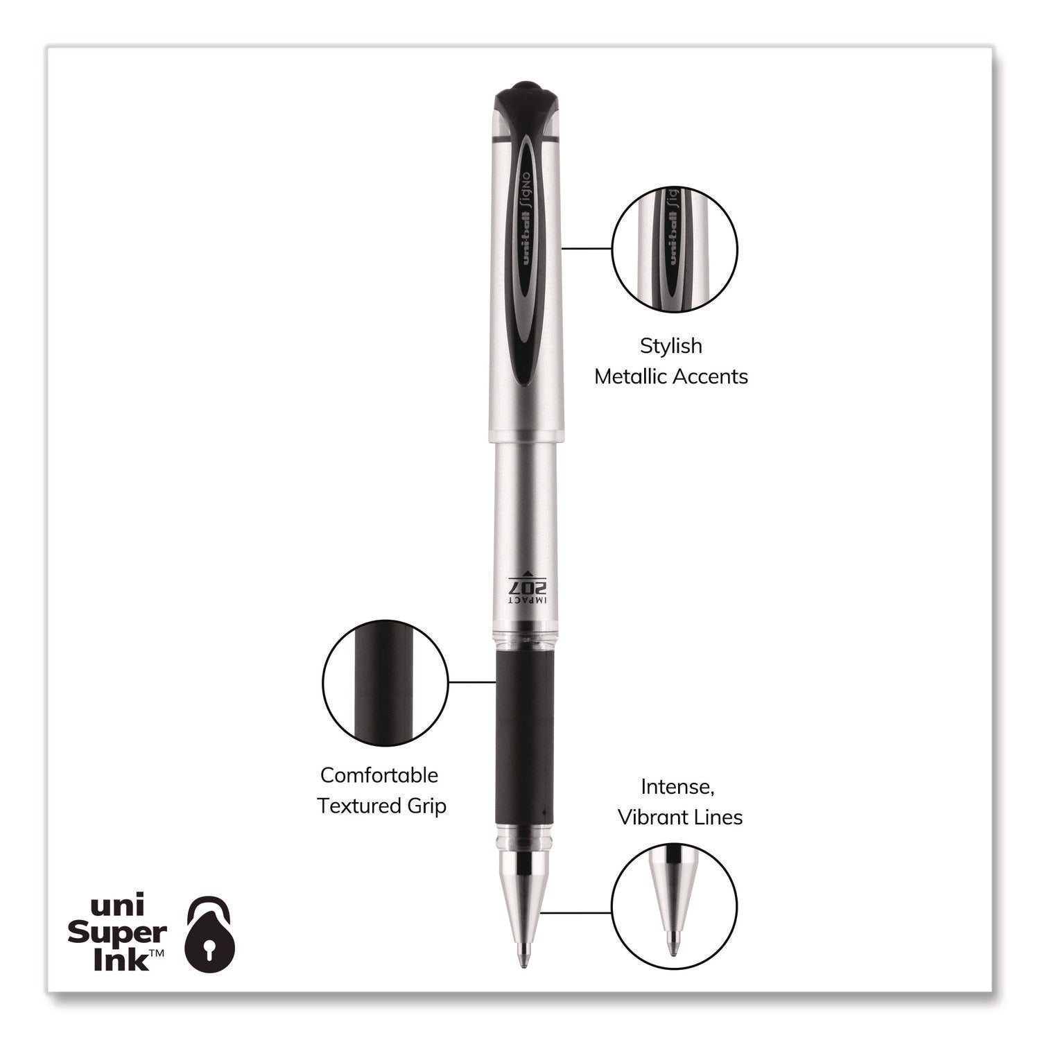 207 Impact Gel Pen, Stick, Bold 1 mm, Black Ink, Silver/Black Barrel