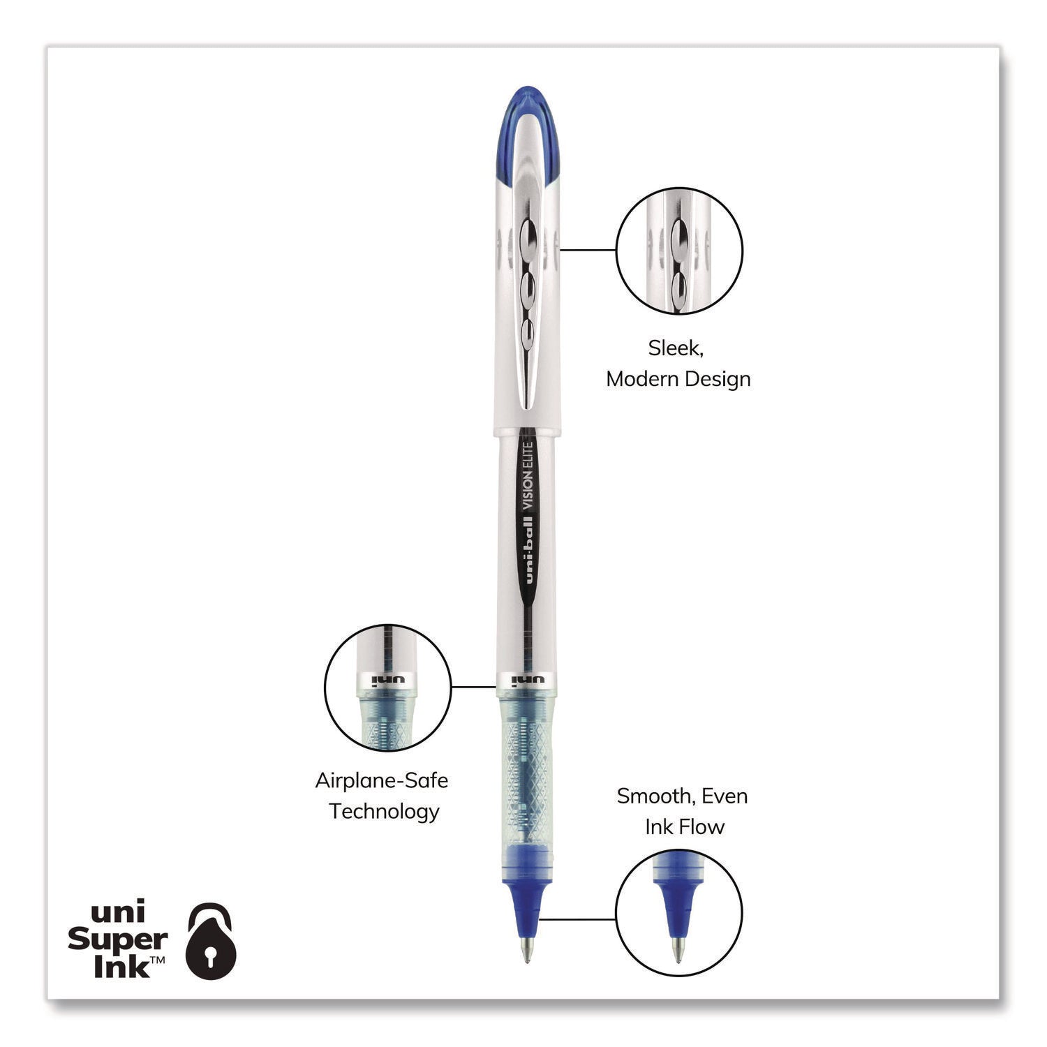 VISION ELITE Hybrid Gel Pen, Stick, Bold 0.8 mm, Blue Ink, White/Blue/Clear Barrel