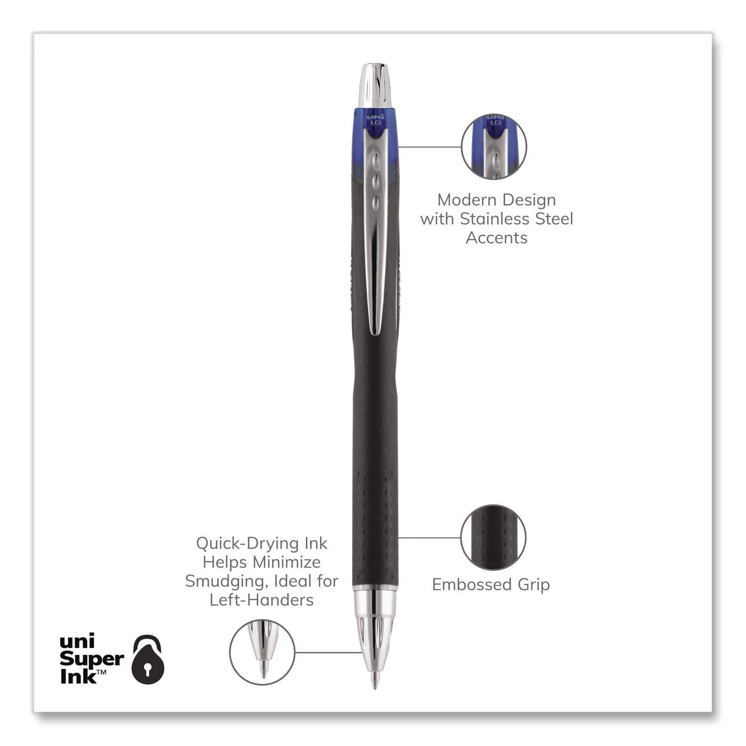 Jetstream Retractable Hybrid Gel Pen, Bold 1 mm, Blue Ink, Black/Silver/Blue Barrel
